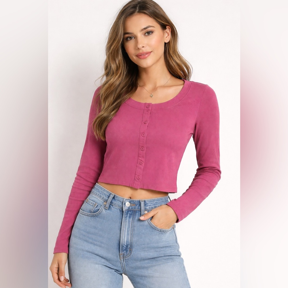 Free People Free-Est Pink Cropped Button Up Top